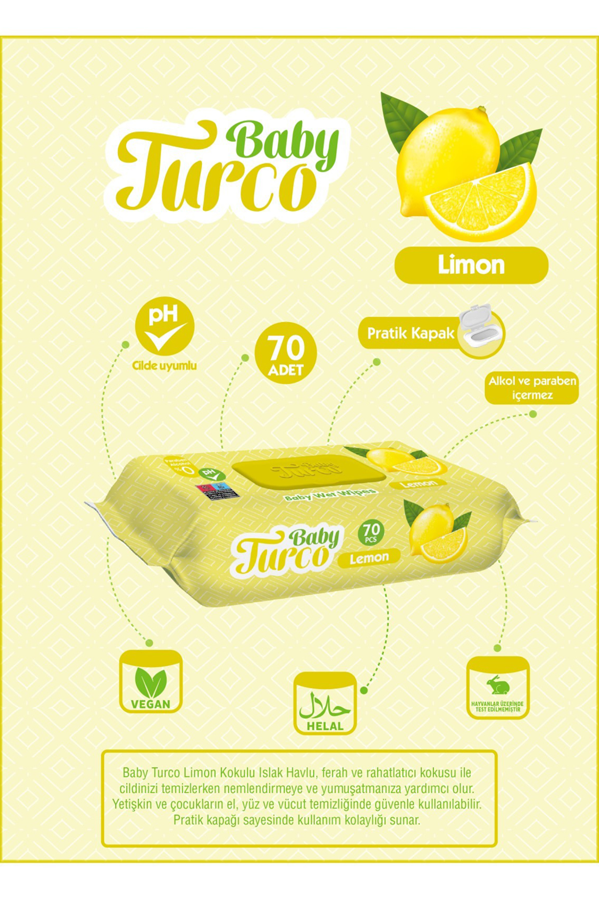 Baby Turco Limon Kokulu Islak Mendil 70 Adet