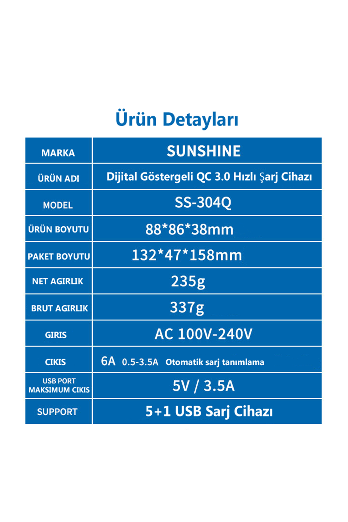 Sunshine SS-304Q Dijital Göstergeli QC 3.0 Hızlı Şarj Cihazı