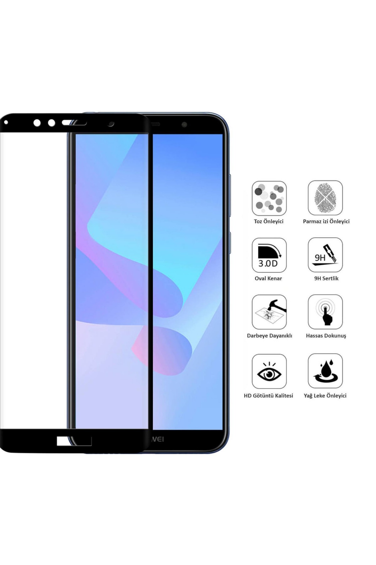 Huawei Y6 2018 Ekran Koruyucu 9D Tam Kaplama