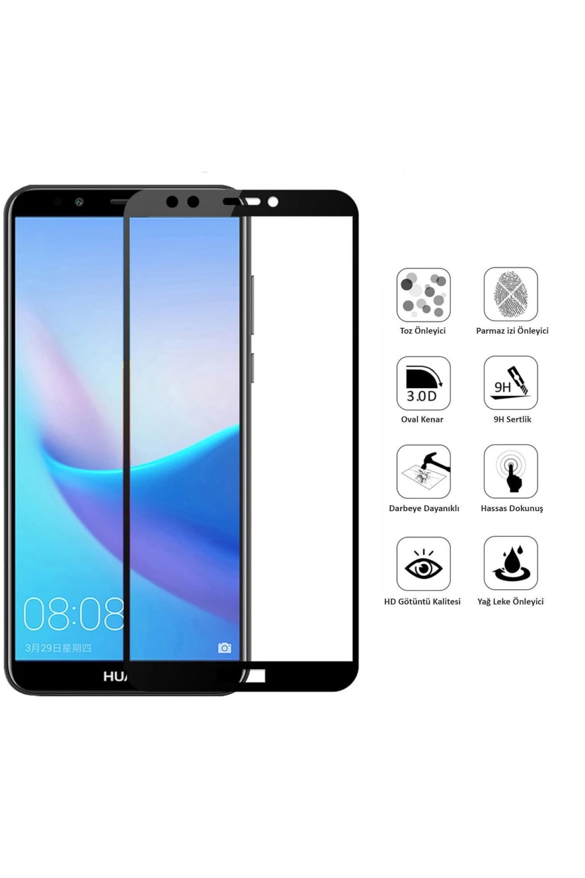 Huawei Y7 2018 Ekran Koruyucu 9D Tam Kaplama