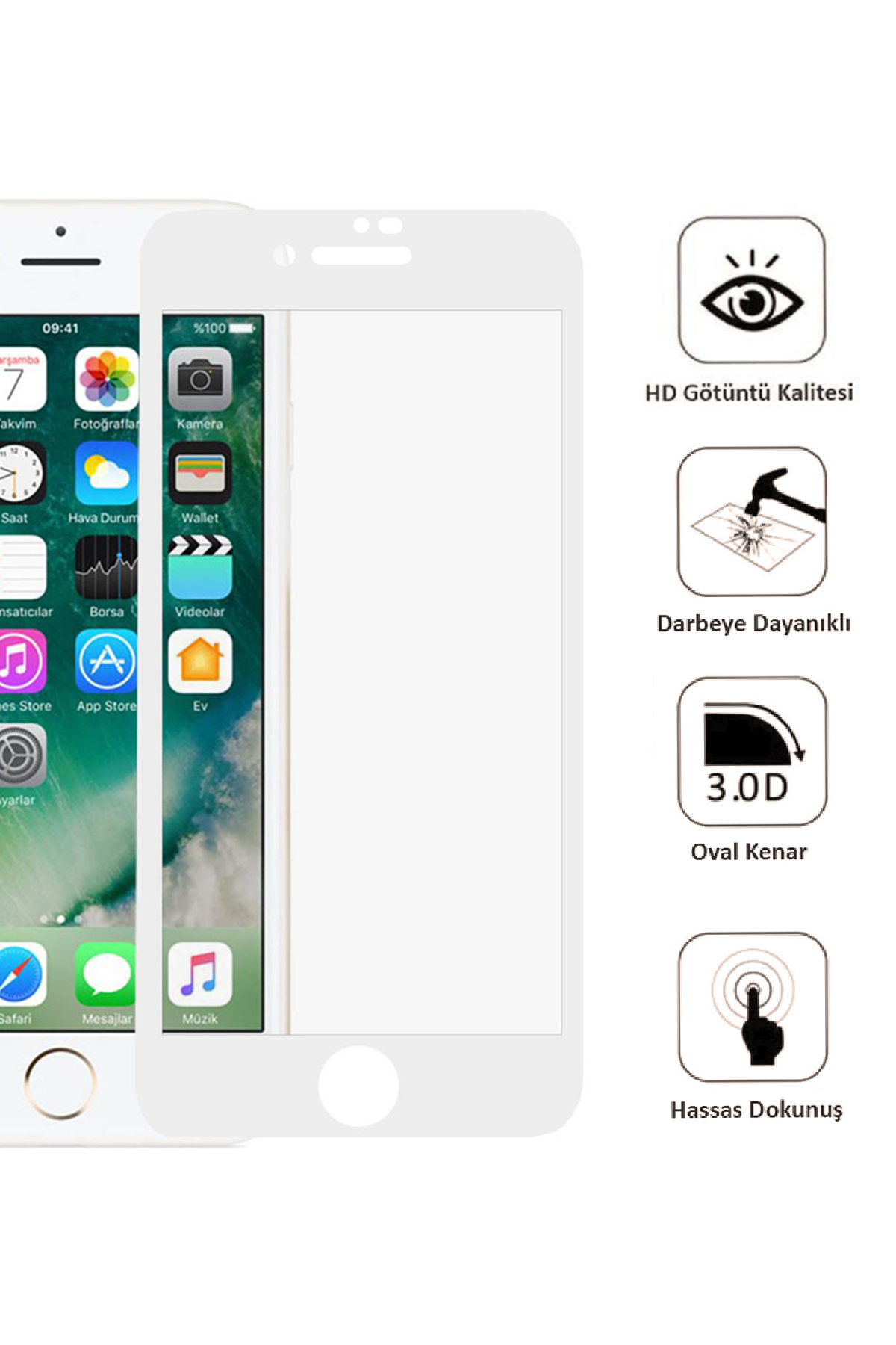 Iphone 7 / 8 Ekran Koruyucu Tam Kaplama Beyaz