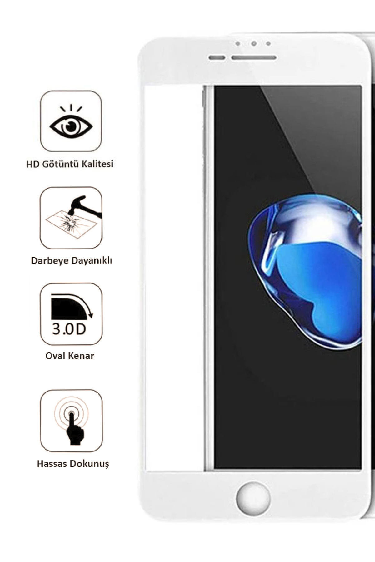 Iphone 7 Plus / 8 Plus Ekran Koruyucu Tam Kaplama Beyaz