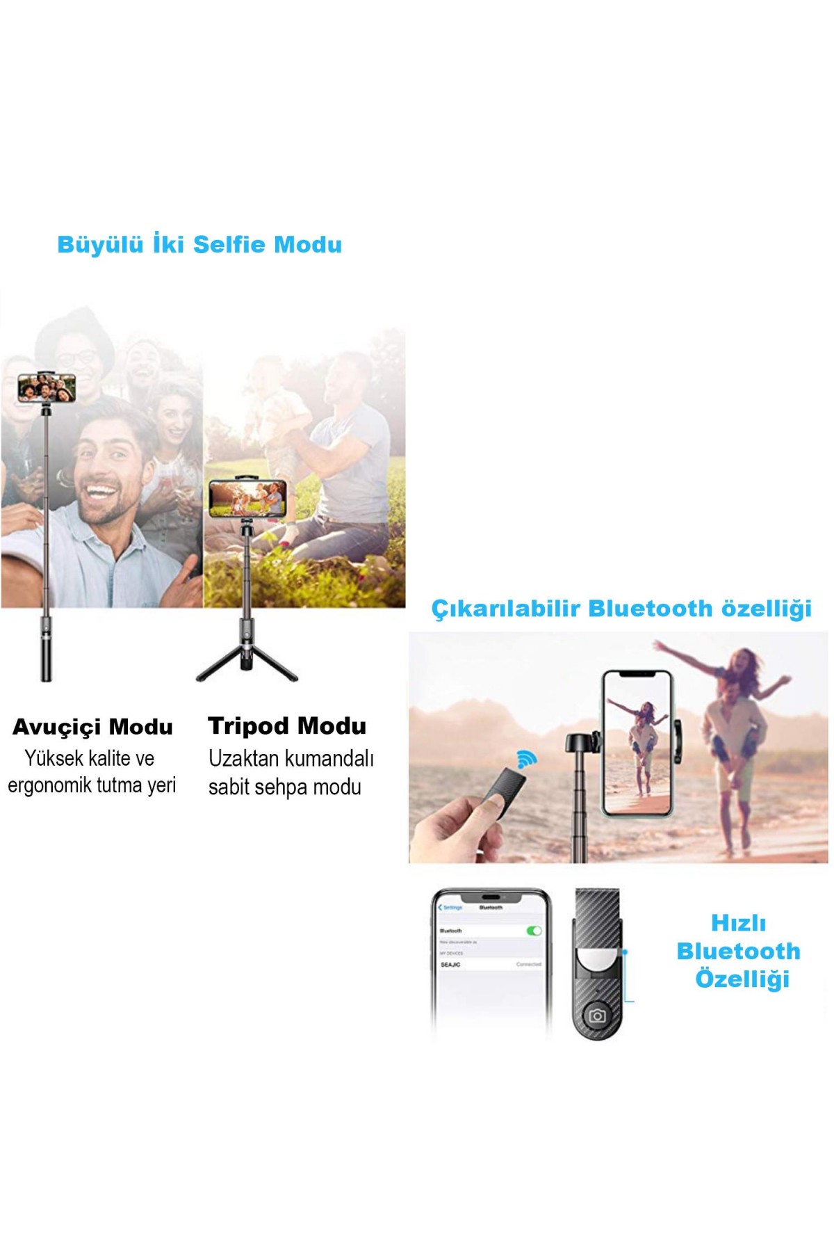 SEAJIC Profesyonel Selfie Çubuğu Bluetooth Kumandalı